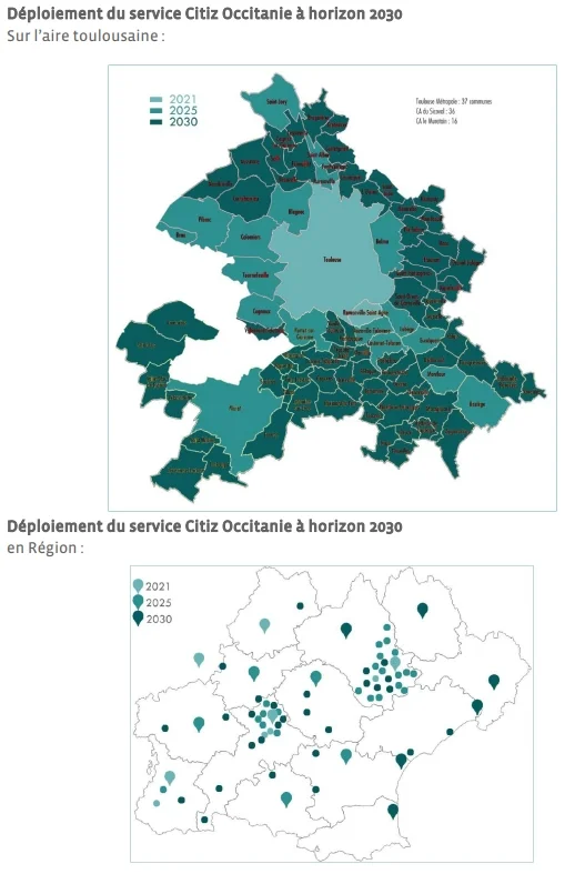 La carte du déploiement du service Citiz Occitanie