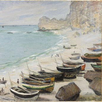 Peinture "Bateaux sur la plage à Etretat" de Claude Monet